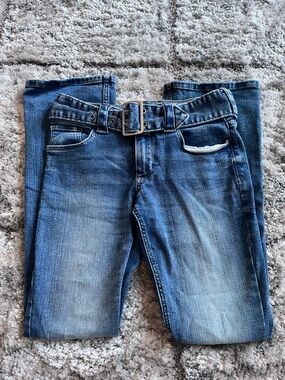 H&M Women's Distressed Light Blue Bootcut Jeans with Denim Belt